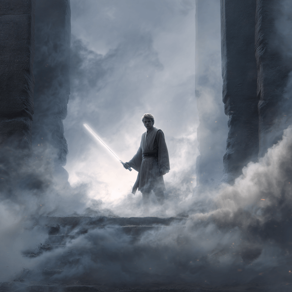 A figure holding a glowing lightsaber stands amidst swirling mist, symbolizing the essence of a Gray Jedi.