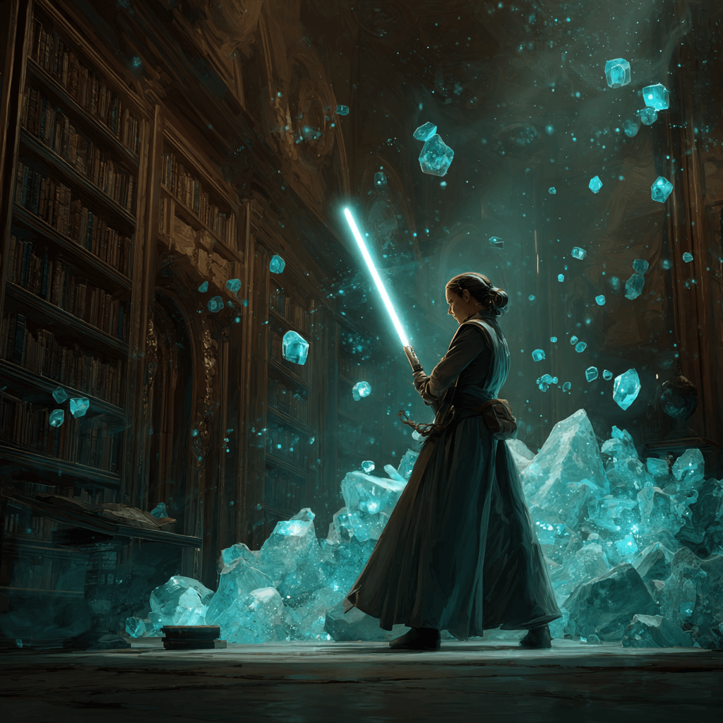 A Jedi wielding a lightsaber in a mystical library filled with glowing crystals and ancient books.