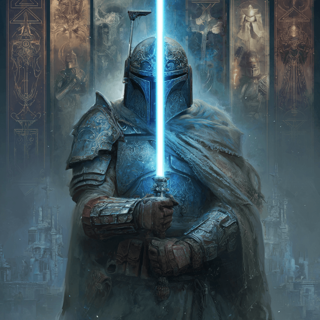 A warrior in armor wielding a glowing blue lightsaber, set against a mystical backdrop of ancient symbols.