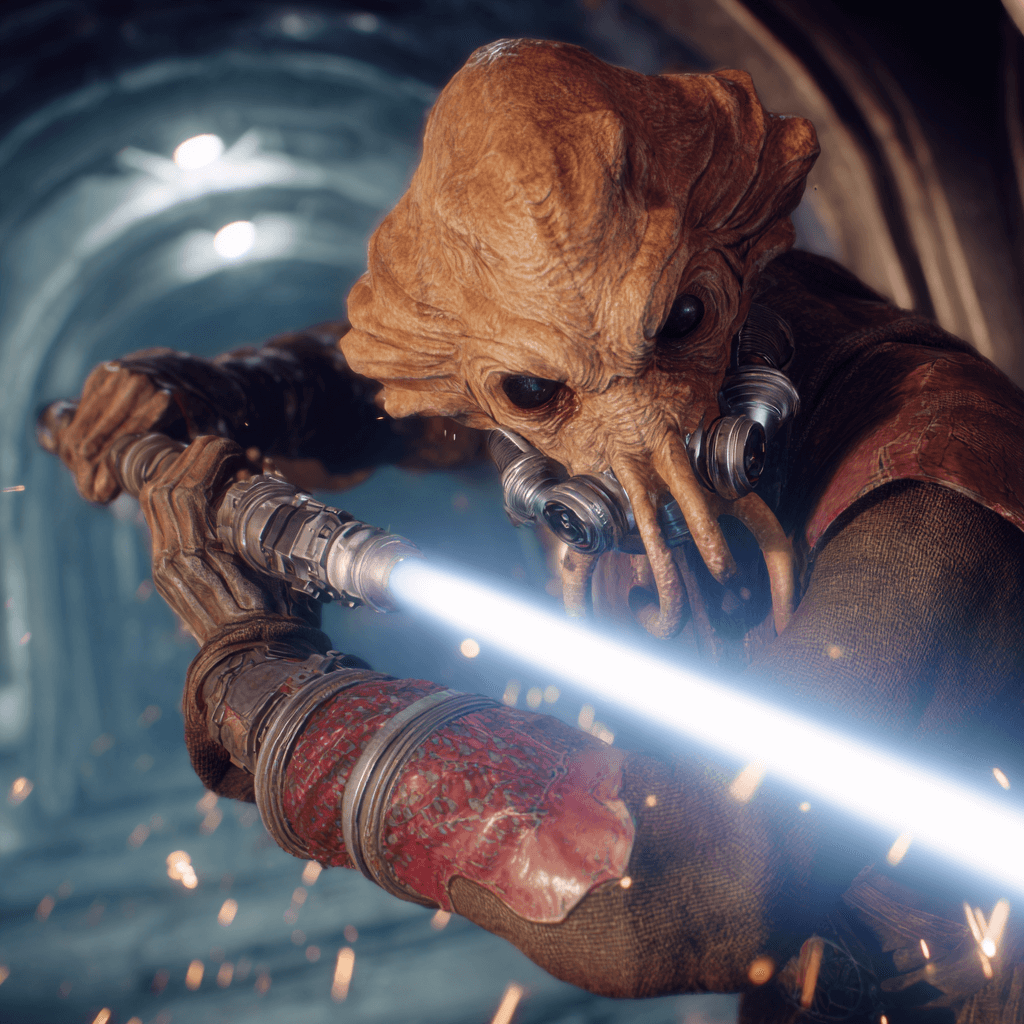 Plo Koon wielding an indigo lightsaber, embodying mysticism and deep Force wisdom in a striking pose.