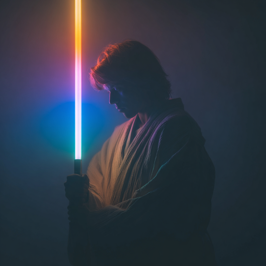 A character holding a lightsaber representing the Top 10 Most Unique Lightsaber Hilts in Star Wars Canon and Legends.