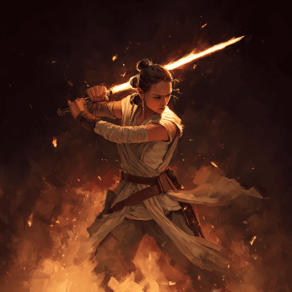 Rey Skywalker wielding her amber lightsaber, symbolizing courage and hope for the Jedi.