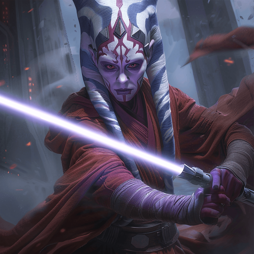 Shaak Ti wielding a lavender lightsaber, embodying the gentle strength of the Jedi in a dynamic pose.