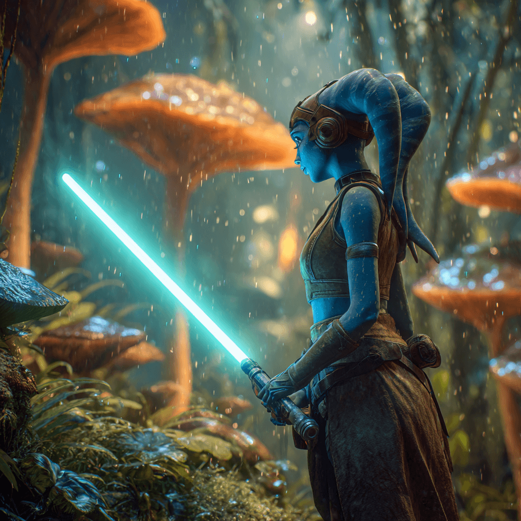 Aayla Secura wielding a turquoise lightsaber in a lush, magical forest, embodying balance in the Star Wars universe.
