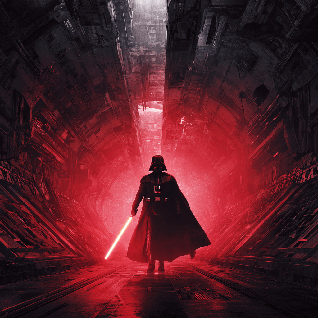 Darth Vader wielding a crimson lightsaber in a dark, futuristic corridor, symbolizing Sith power and passion.