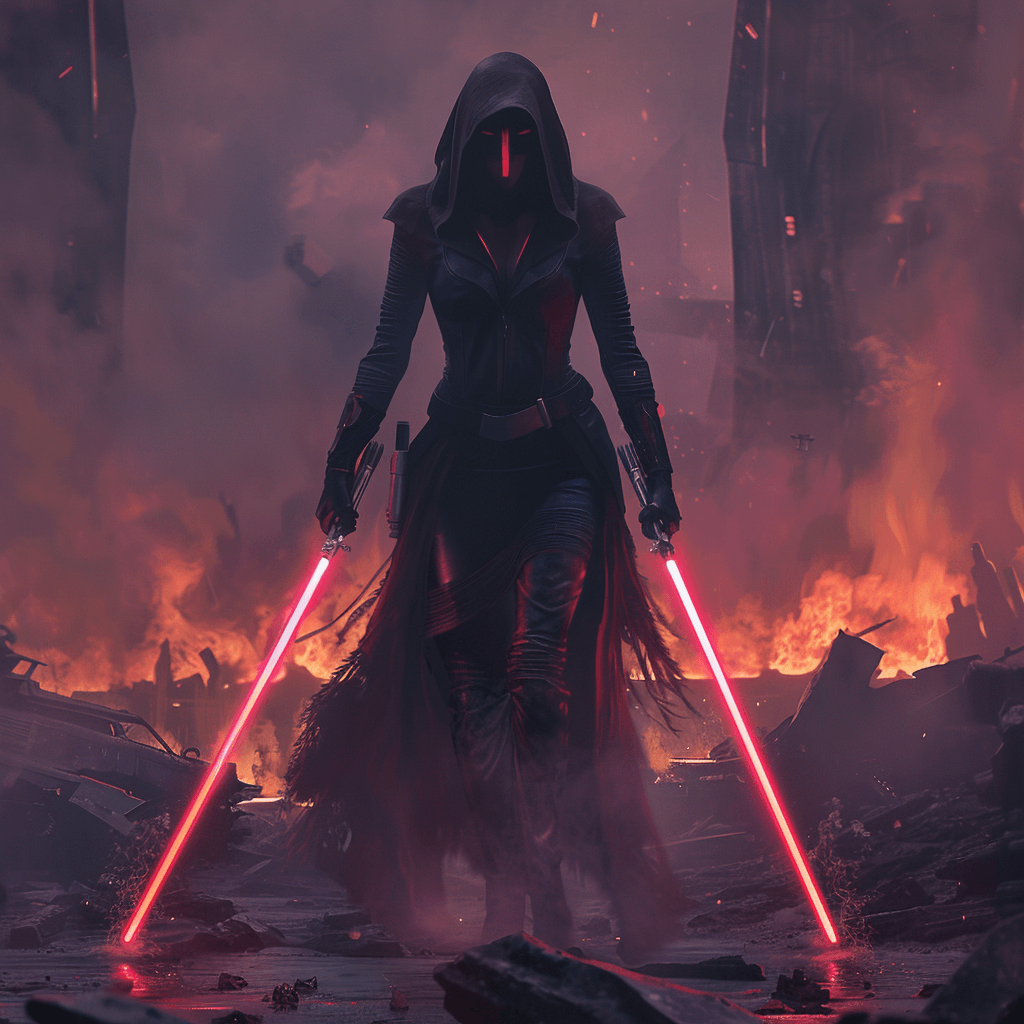 Asajj Ventress wielding her magenta lightsaber in a fiery environment, showcasing her ambition and depth.
