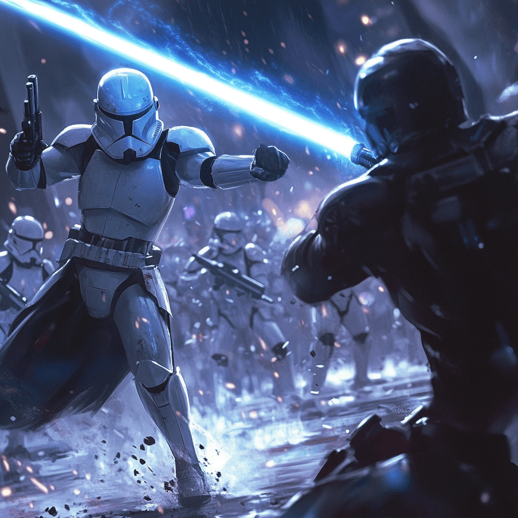 Clone Trooper in battle with blasters and lightsaber during the Clone Wars era, showcasing intense action.