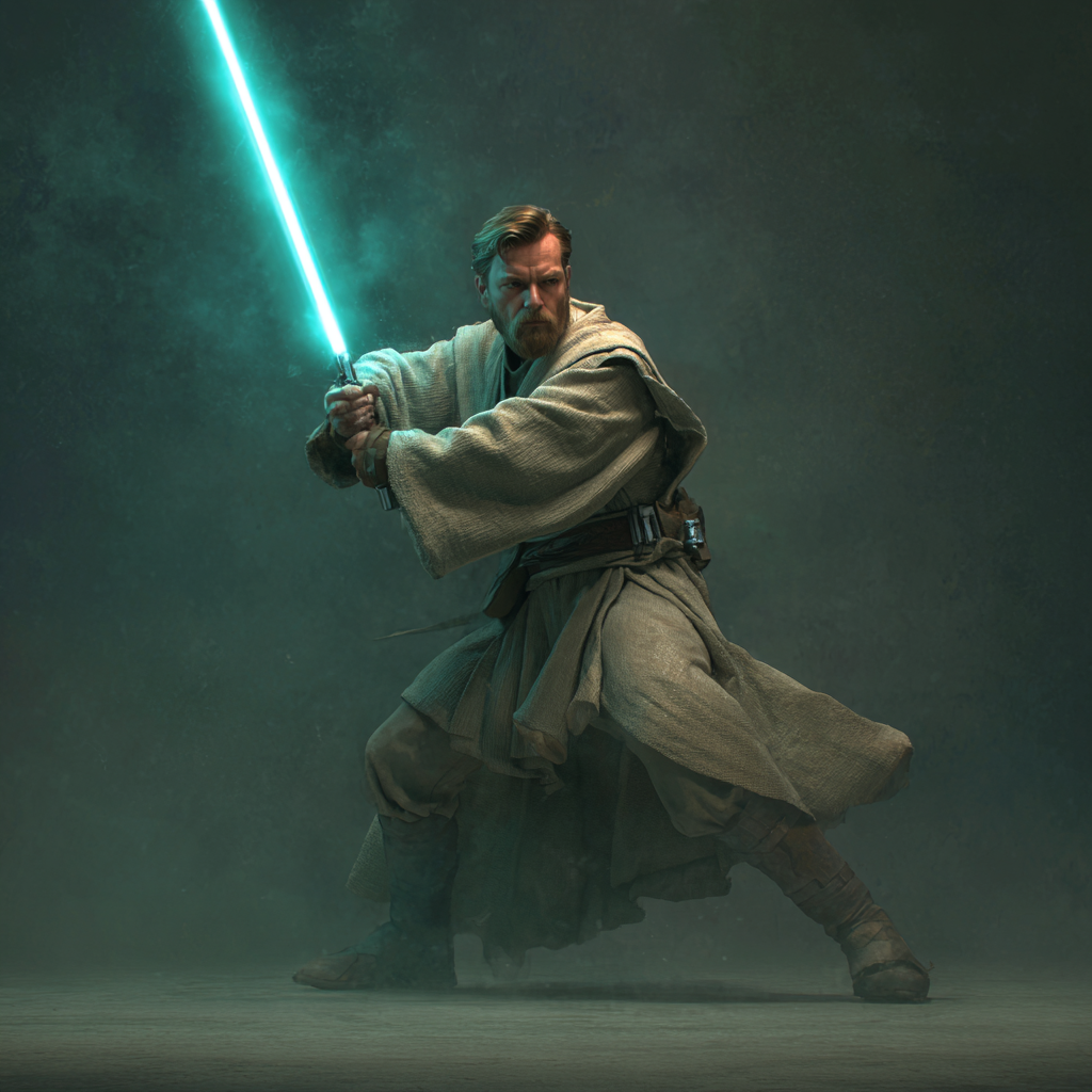 Obi-Wan Kenobi wielding a teal lightsaber, showcasing Jedi mastery and diplomacy in a dramatic pose.